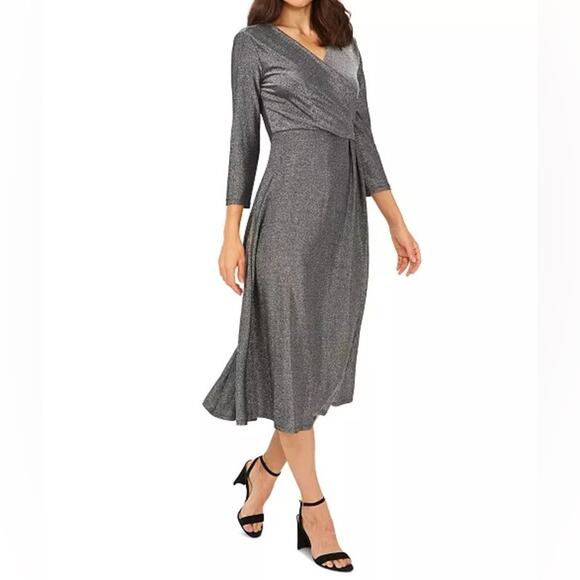 MSK Metallic Surplice Neck Jersey-Knit Midi Dress Silver Women’s Sz M - Picture 3 of 9